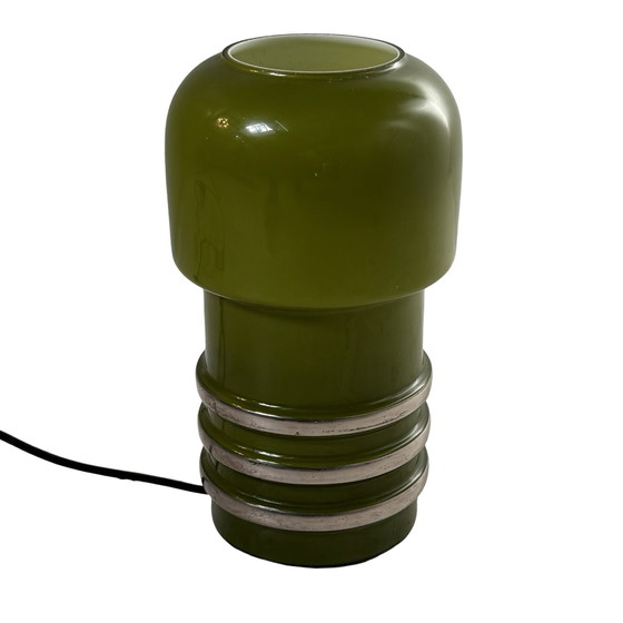 Image 1 of Vintage Scandinavian - Mouth blown glass lamp with chrome detailing - Forrest green and white inside - Two in stock! - Rare and 