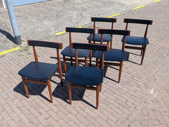 Image 1 of Zeldzame Deens Design 'Longette' Eetkamersuite van Hans Olsen voor Frem Røjle – 6 Nestbare Stoelen