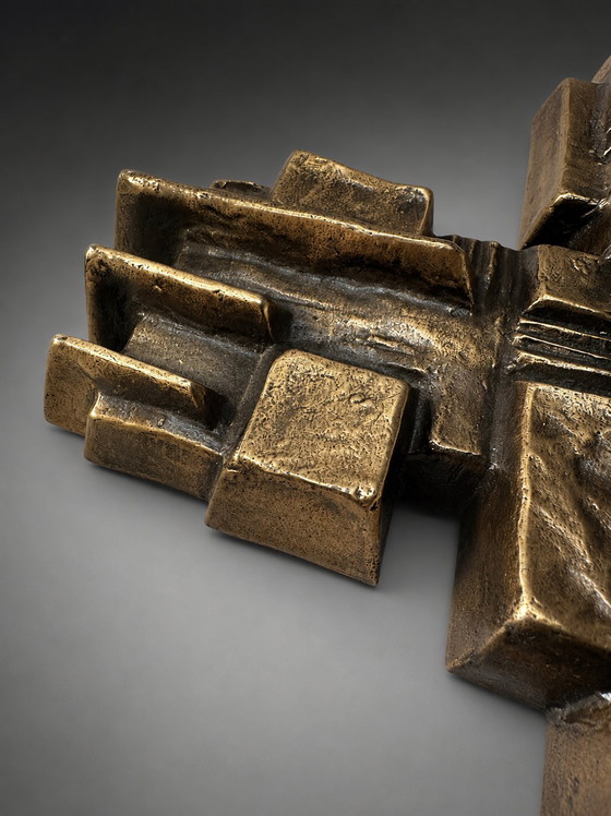 Image 1 of Brutalist Cubist Bronze Wall Cross | Geometric Modernist Sculpture | 1970s