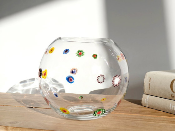 Image 1 of 1990s Leonardo Millefiori Ball Glass Vase, German Art Glass Murano Style Floral Inclusions