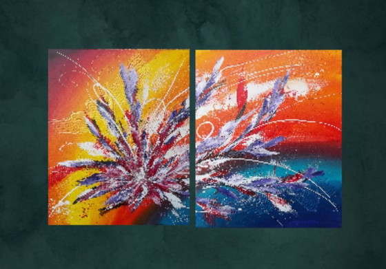 Image 1 of Tableau abstrait contemporain du peintre 2Luss'Art – Bord de lac – Diptyque 101 x 61.