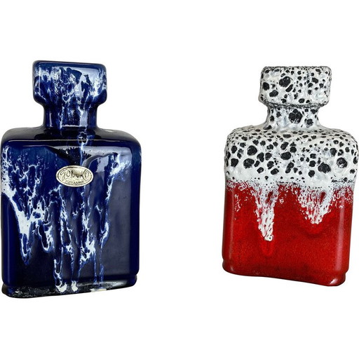 Paire de vases à lave grasse en poterie vintage "bleu-rouge" par Jopeko, Allemagne, années 1970