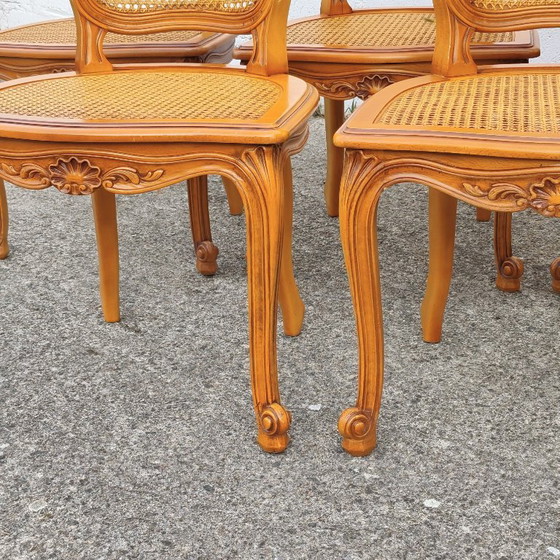 Set Of 5 French Vintage Cane Dining Chairs - 5 Big Cherry Wood Cottage Chairs - Style Louis XV - 80s (photo 15 of 19)