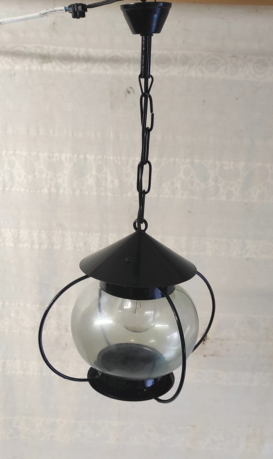 Image 1 of Lantern-style pendant light in metal and glass - 1950s