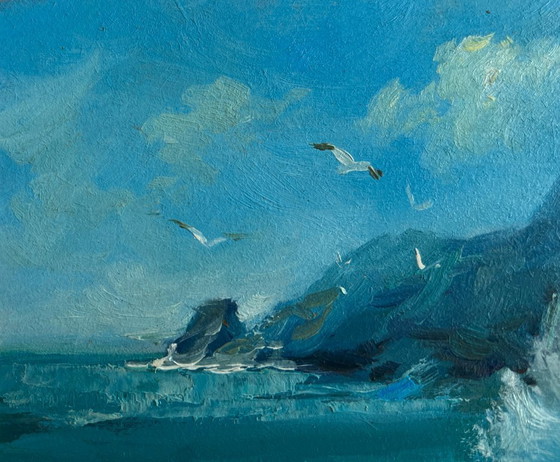 Image 1 of Origineel olieverfschilderij: Zee- en rotslandschap, zeegolven die tegen de rotsen slaan.