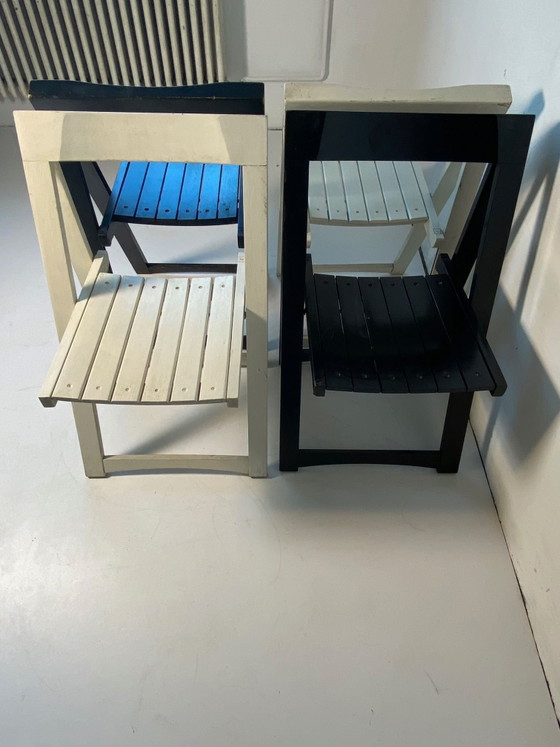 4 x Aldo Jacober Klapp Stuhl Bazzani anni '70 nero / bianco, Sedie pieghevoli, Legno (foto 4 di 6)