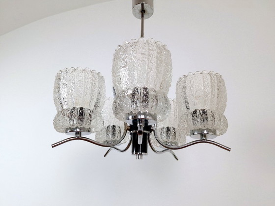 Image 1 of Suspension vintage en cristal, lustre milieu du siècle, Emi Poljcane avec cinq abat-jour en cristal