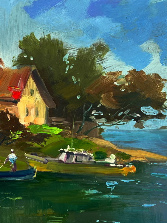 Image 1 of Peinture à l'huile originale, paysage rural estival, village riverain, quai de bateau