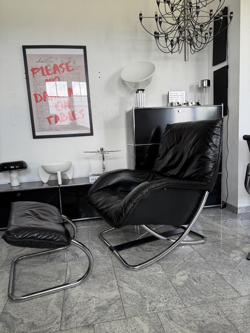 Robert Haussmann armchair stool chrome leather 80s design lounge chair