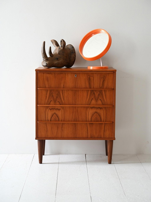 Vintage Scandinavische teakhouten ladekast, gevlamde nerf