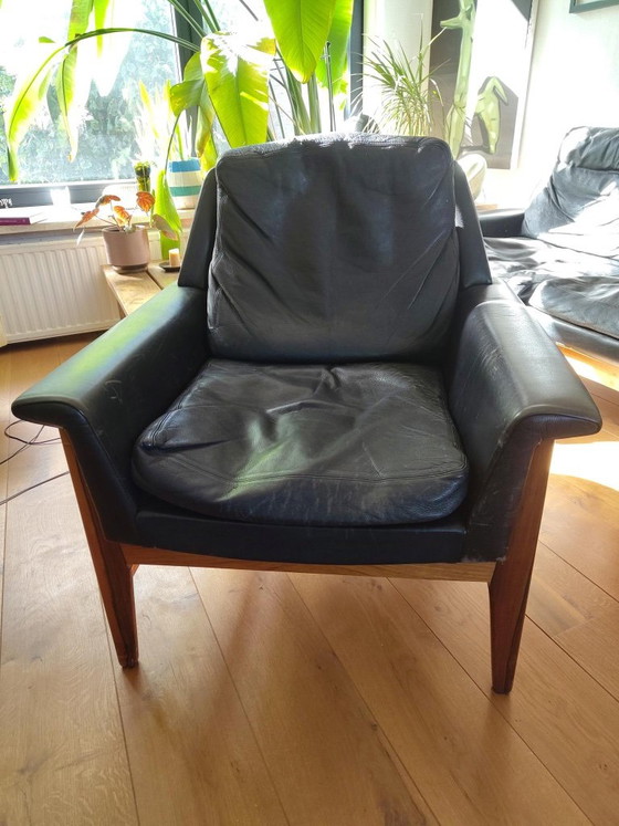 Bovenkamp Set Van Fauteuil En 3-Zits Bank Van Rozenhout En Leer – 3-5 zitsbanken, Leather, Wood (photo 7 of 10)