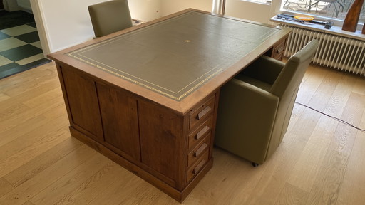 Beautiful nostalgic wooden desk, partner desk type with green leather top