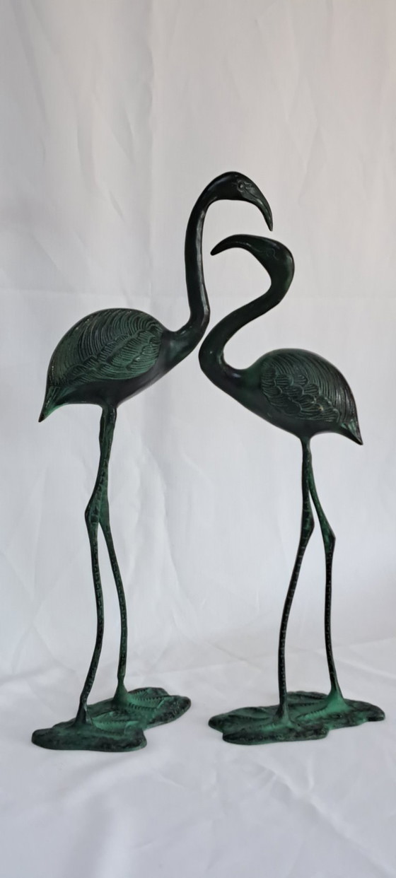 Due sculture di fenicotteri in ottone patinato verde, Oggetti decorativi, 1980 (foto 6 di 16)