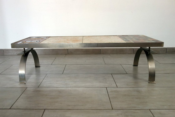 Image 1 of Tavolino Jean Gregorieff per Roche Bobois in ceramica e acciaio spazzolato 60 70