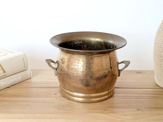 Image 1 of Vintage Hammered Brass Cachepot Planter with Ornate Handles and Age Patina