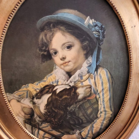 Image 1 of Large oval gold frame with bow, portrait, vintage