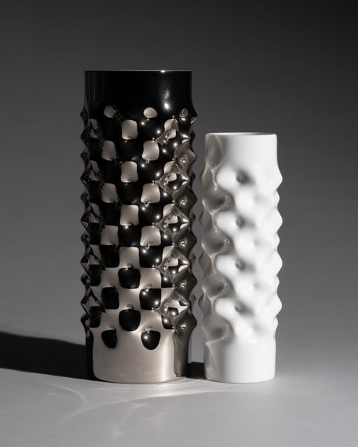 Vintage Rosenthal Studio-Line “Vibrations” Vase Duo Dieter Mankau Silver & White