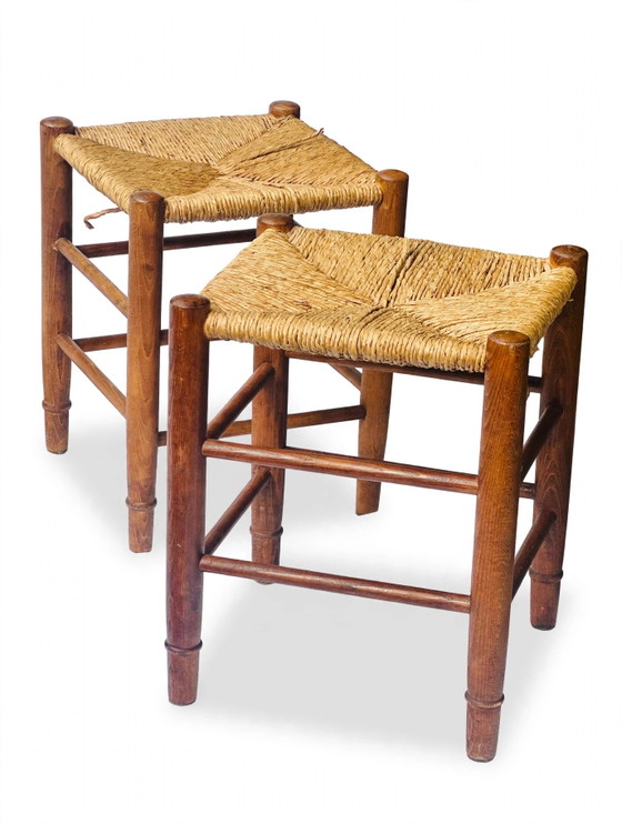 1960s Stools Charlotte Perriand style, set of 2 – Rattan, Wood (photo 3 of 5)