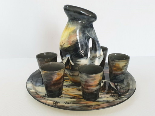 ENSEMBLE 1950 PLATEAU CARAFE & VERRES VINTAGE CERAMIQUE MONACO MONACERA 50S 50'S