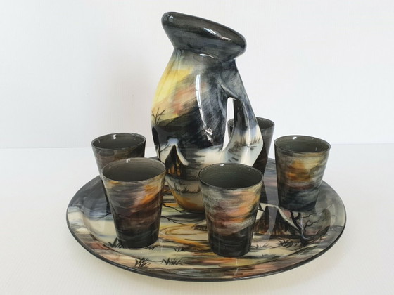 Image 1 of ENSEMBLE 1950 PLATEAU CARAFE & VERRES VINTAGE CERAMIQUE MONACO MONACERA 50S 50'S