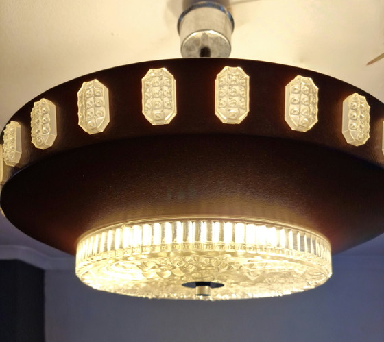 Image 1 of Lampada a sospensione vintage in vetro spaziale e metallo marrone