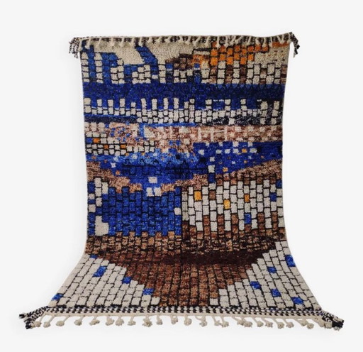 Tapis "Mosaïque" de Beni Ouarain, Bleu profond et Terre, Oeuvre d'artiste 3x2M