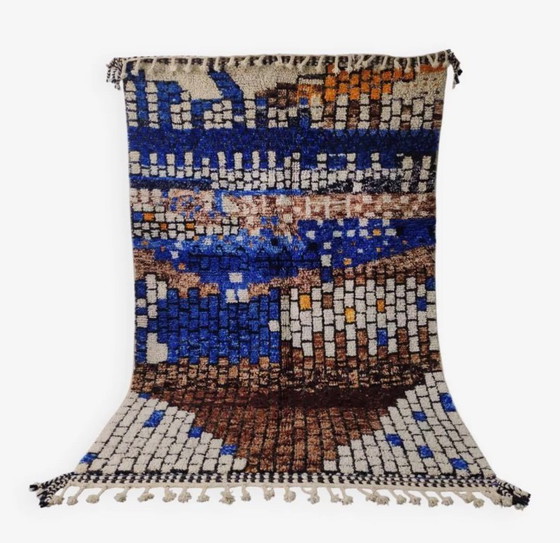 Image 1 of Tapis "Mosaïque" de Beni Ouarain, Bleu profond et Terre, Oeuvre d'artiste 3x2M