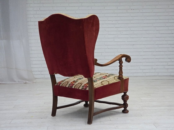 Image 1 of Poltrona danese con schienale alto, anni '50, tessuto di lana intrecciato, velluto rosso per mobili, legno di frassino.