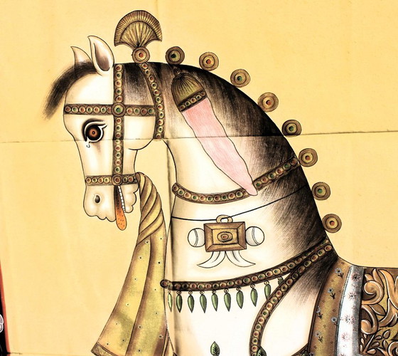Grande tela dipinta a mano dall'India 128×123 cm | Cavallo orientale | Unico – Dipinti e disegni, Cotone (photo 4 of 7)