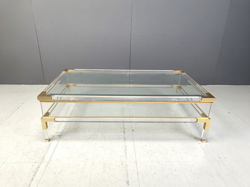 Vintage Lucite And Brass Sliding Top Coffee Table, 1970S 