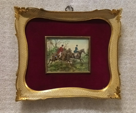 Image 1 of Signed 19th Century English Oil on Canvas Miniature Hunting Scene