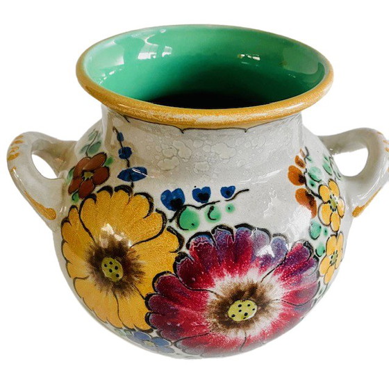 Image 1 of Mid-Century Royal Gouda South Holland Vase Areo Blumen 1940er Jahre