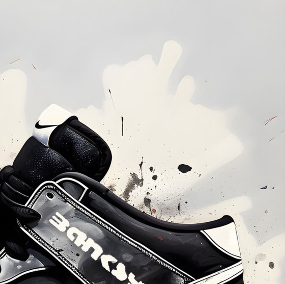 Image 1 of Treize : « Nike Jordan par Banksy ». ​​Signée à la main, édition 6/10. Glicée sur toile. Cadre et système de suspension inclus.