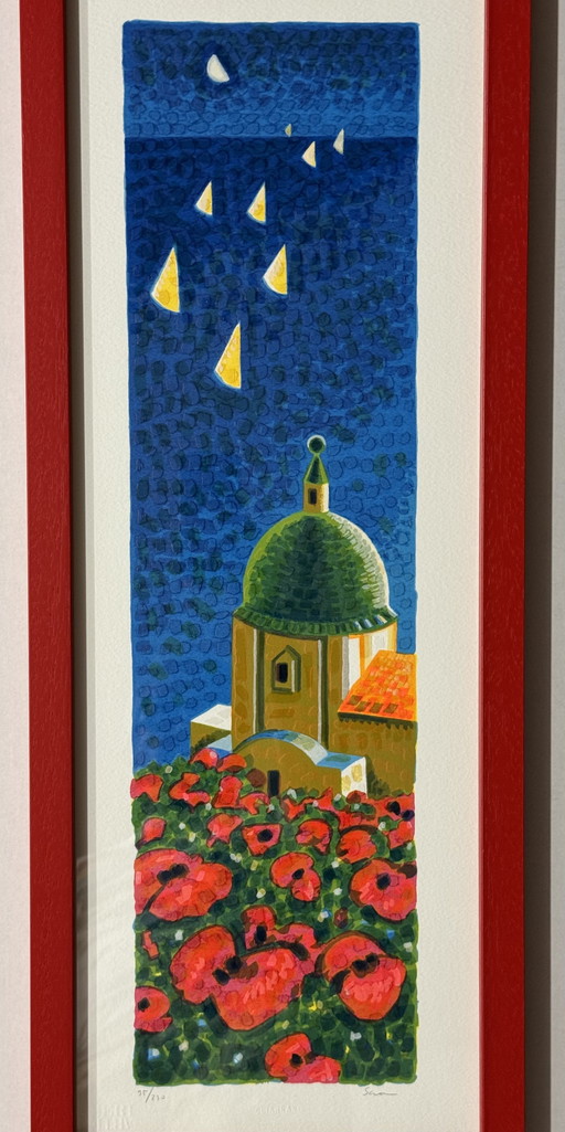 Mimmo Sciarrano zeefdruk, 25x70cm, Zonnebloemen in Positano, ingelijst – lithos zeefdrukken, Paper, Wood (photo 2 of 7)