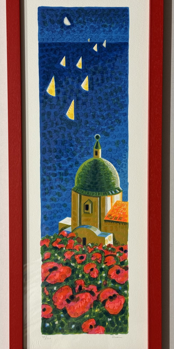 Mimmo Sciarrano zeefdruk, 25x70cm, Zonnebloemen in Positano, ingelijst – Litho's & Zeefdrukken, Paper, Wood (photo 2 of 7)
