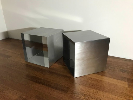 Maria Pergay Pair of stainless steel cube side tables