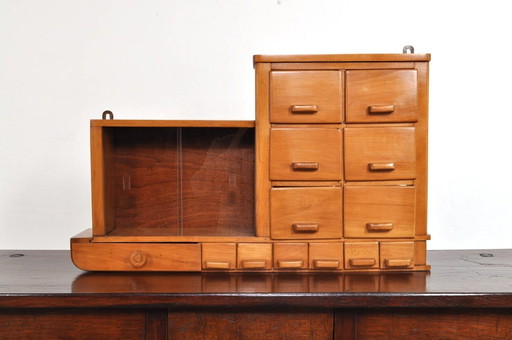 Vintage beechwood wall cabinet with display case, 1930s
