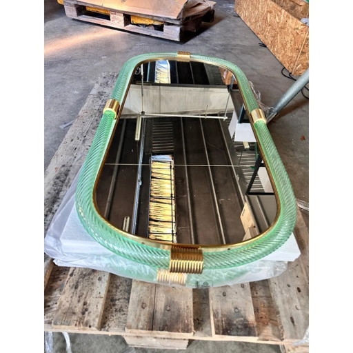 Luxury Italian Mirror in Green-Wather “Torchon” Torciglione Murano Glass by Simoeng