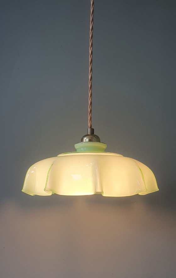 Vintage French Pendant Lamp - Pastel Green Opaline Glass. – Metal (photo 12 of 19)