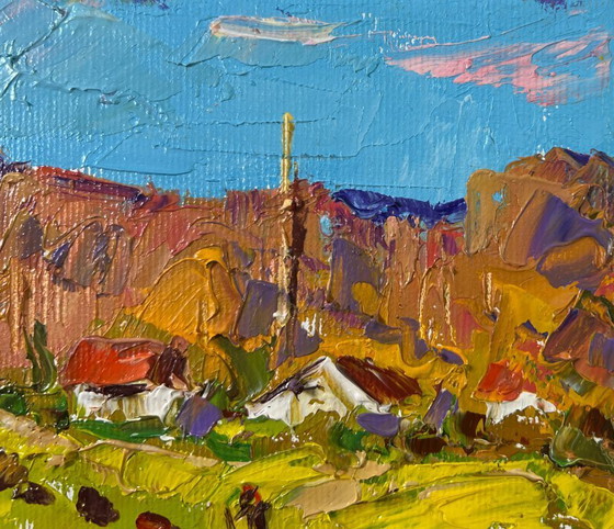 Image 1 of Origineel olieverfschilderij: Zomerlandschap, zonnige dag buiten het dorp