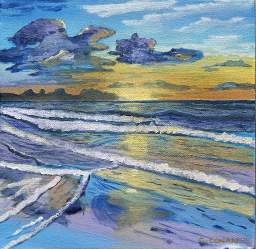 Beach At Twilight - Original Acrylic Painting on 3D Canvas – schilderijen tekeningen, Cotton