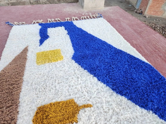 Tapis Beni Ouarain 300x200 cm – Laine épaisse, design artistique bleu Klein – Coton, Modern (photo 10 of 16)