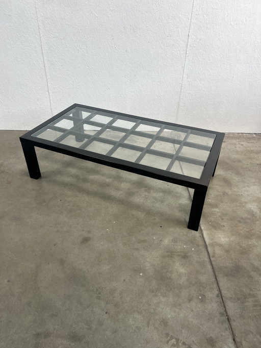 Vintage Black High Gloss Coffee Table With Glass Top, Japanese Style, 1980's