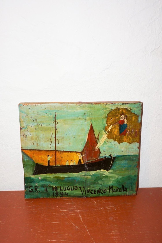 Image 1 of antique italian ex voto painting * 1894 folk art maritime devotional panel * naïve madonna boat scene * wood plaque