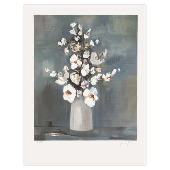 Image 1 of Franz SCHLITZ Bouquet de fleurs blanches Signierte Lithographie 1985