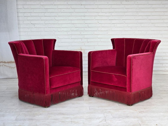 Años 60, Sillón Relax danés, Terciopelo de Mueble Rojo, Patas de Madera de Fresno. – Sillones, Velvet, Wood (photo 7 of 25)