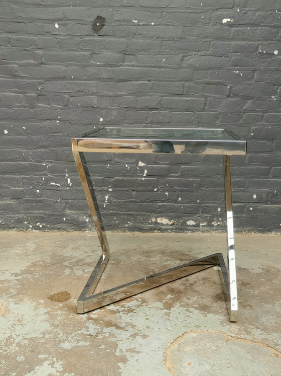 Tavolo quadrato danese dal design postmoderno in cromo e vetro, nello stile di Gebra. – Tavolini, Glass (photo 9 of 15)