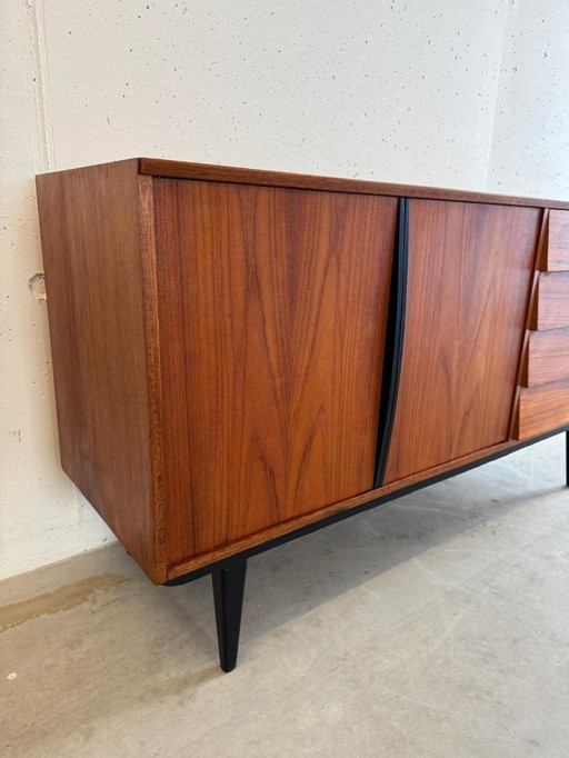 Buffet en teck style années 50, Bräntorps, détails noirs vintage