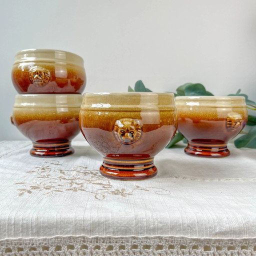 4 Bols en Céramique Tête de Lion, Mouchetés Bicolores – Style Émile Henry – Grès Vintage Fabriqué en France