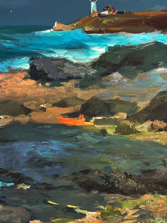 Image 1 of Dipinto ad olio originale: paesaggio marino, rocce, onde, tempesta, mare, costa nuvolosa.